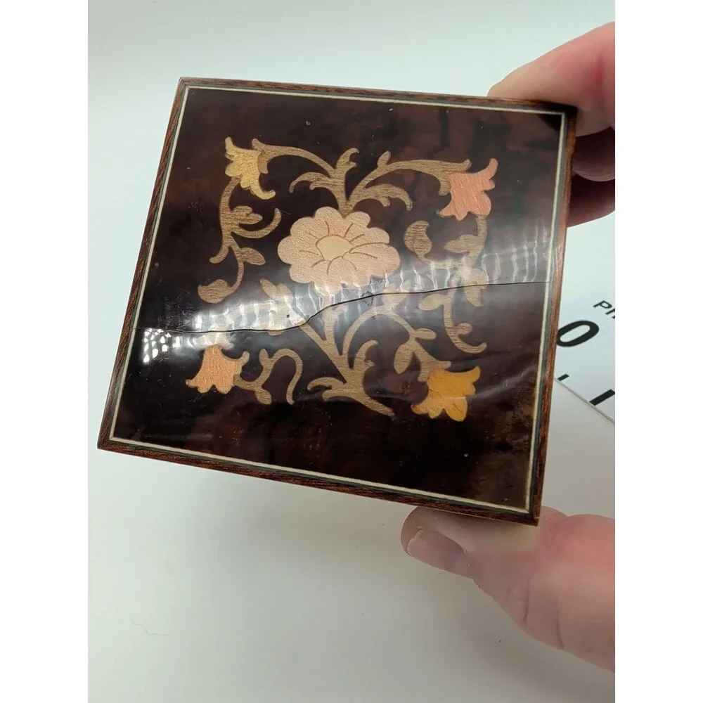 Vtg Italian Wood Inlay Ring Box Jewelry Sorrento Floral Burl